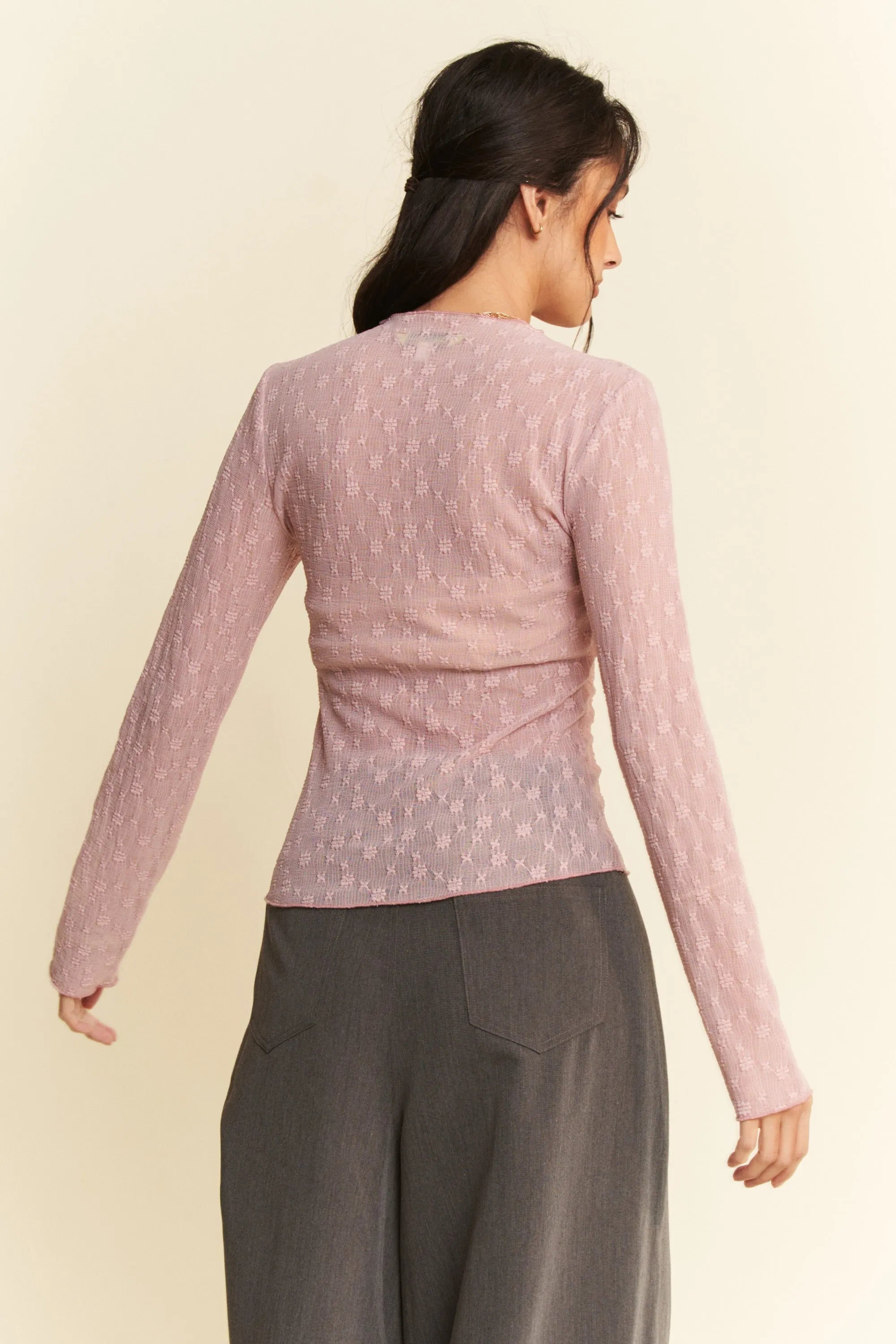 Davi & Dani Long Sleeve Sheer Small Embroidered Bows Lace Top - Love Salve